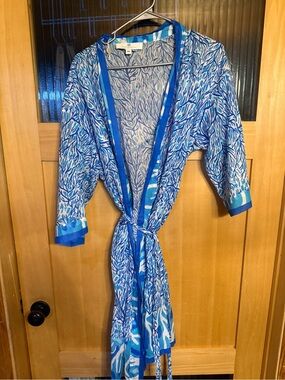 New Jean-Pierre Klifa Blue Floral Cotton Voile Kimono Robe Medium Large $159 Ret